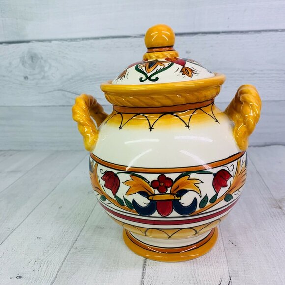 Chris Madden JCPenny VILLA ANCONA Floral Band Rope Handle 9" Medium Canister Jar - Picture 4 of 9